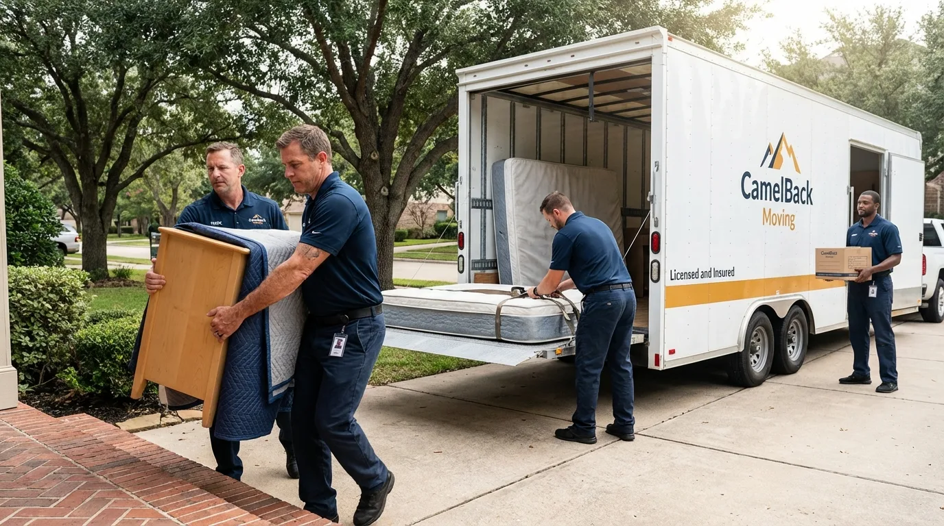 Crew loading residential truck for cross-state move from Alpine, TX