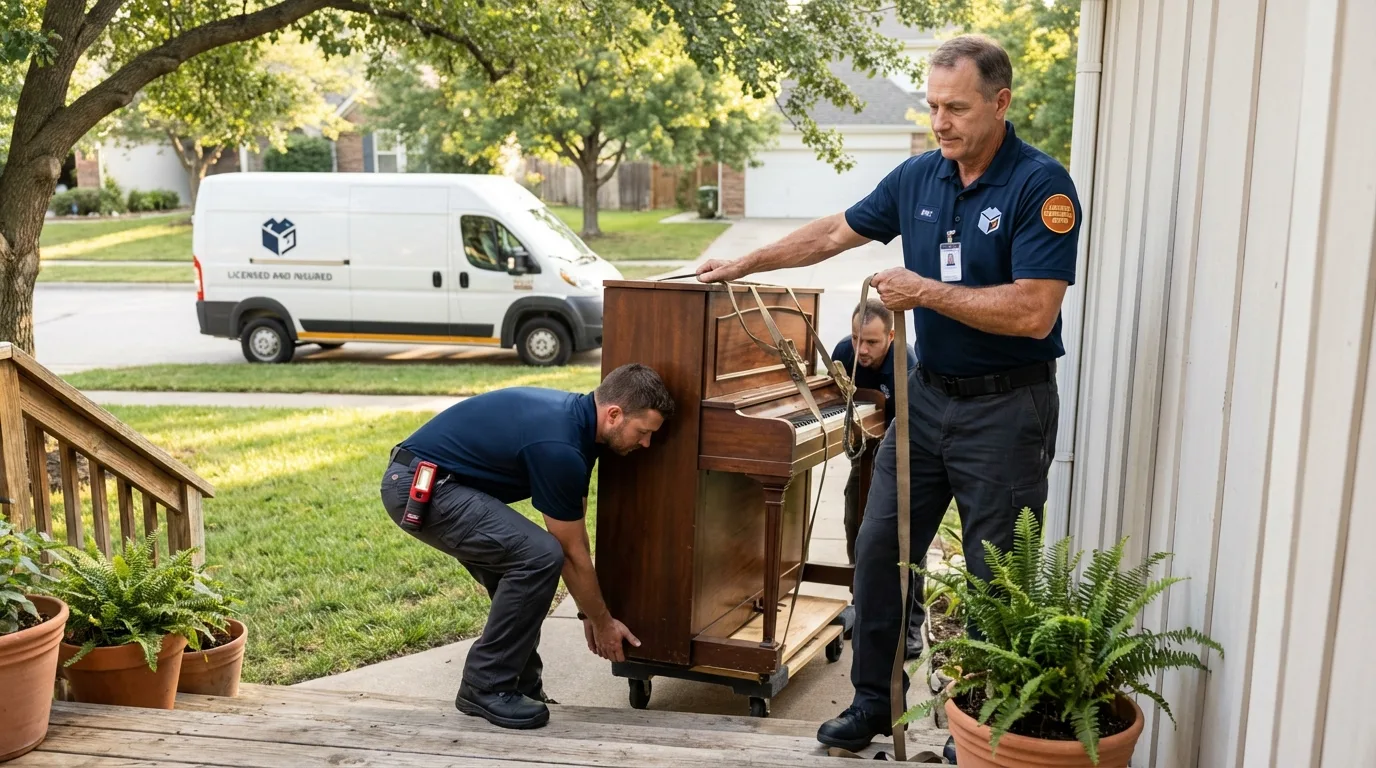 Licensed piano movers securing grand piano in Alpine, TX