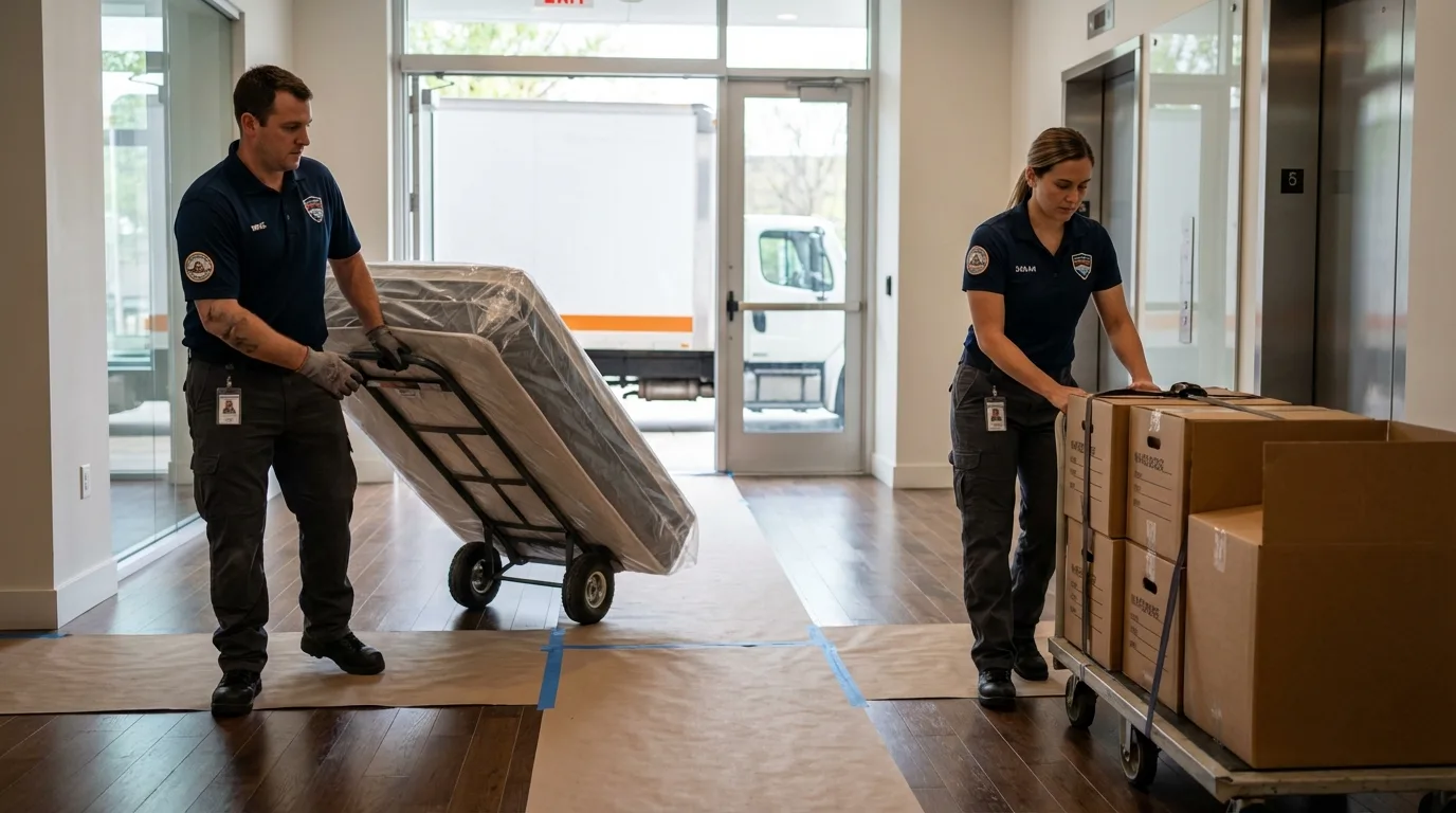 Professional apartment movers loading elevator in Alpine, TX